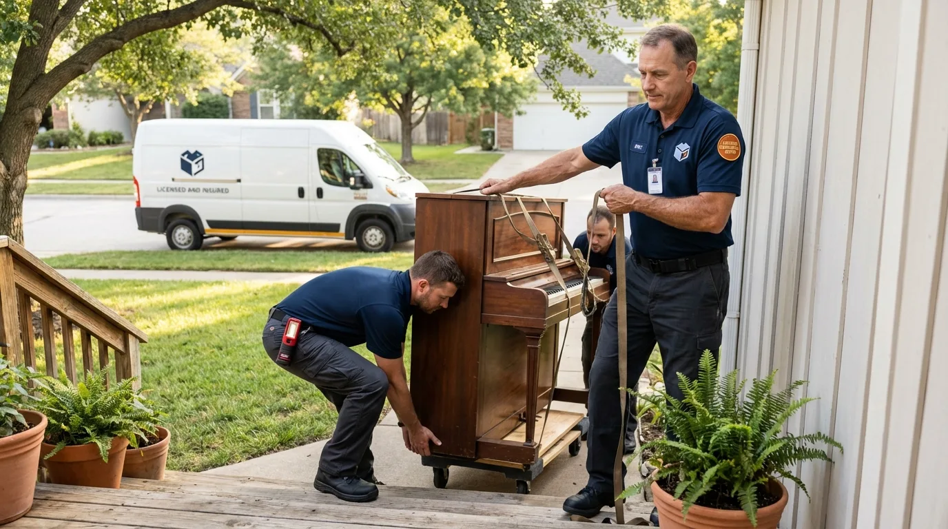 Licensed piano movers securing grand piano in Thompson Falls, MT
