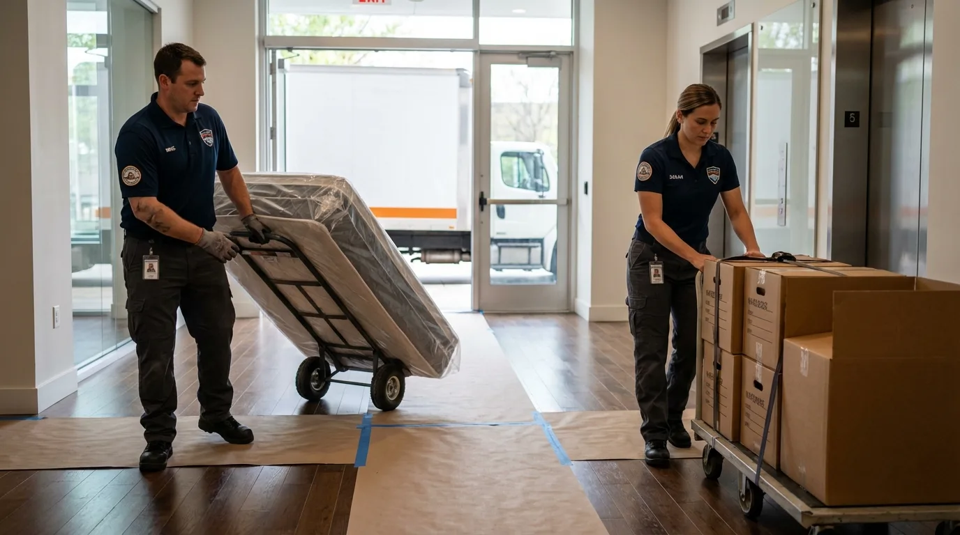 Professional apartment movers loading elevator in Thompson Falls, MT